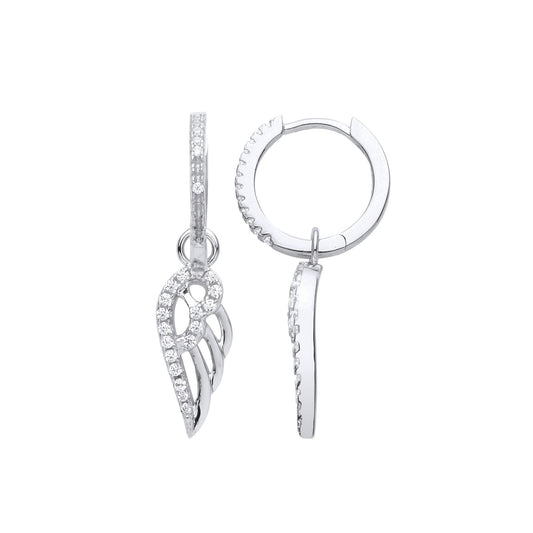 925 Sterling Silver CZ Angel Wings Huggie Hoop Drop Earrings - GVE975
