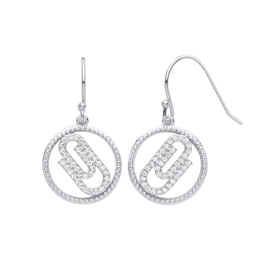 925 Silver CZ Beaded Halo Ring Paperclip Circle Drop Earrings - GVE976