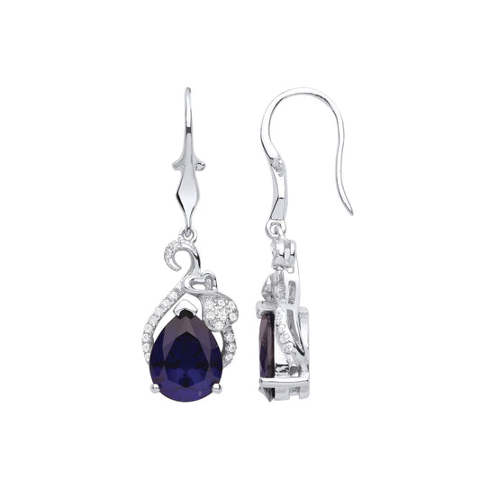 Silver Blue Pear CZ Love Heart Tail Cluster Floral Drop Earrings - GVE982