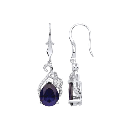 Silver Blue Pear CZ Love Heart Tail Cluster Floral Drop Earrings - GVE982