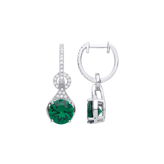 Silver Green CZ Halo Droplet Solitaire Huggie Hoop Drop Earrings - GVE983