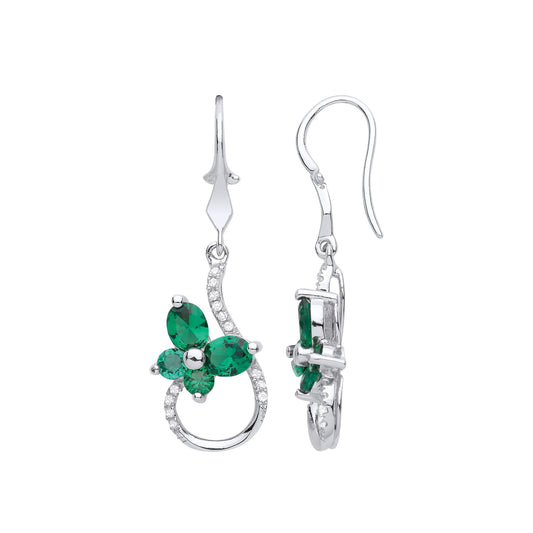Silver Green Oval CZ Butterfly Monkey Tail Cluster Drop Earrings - GVE986