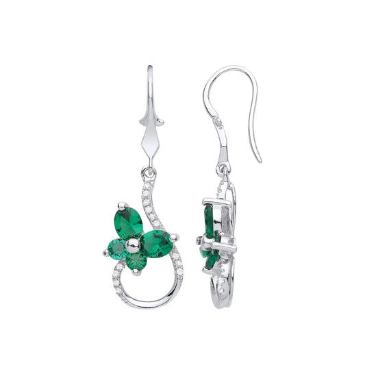 Silver Green Oval CZ Butterfly Monkey Tail Cluster Drop Earrings - GVE986