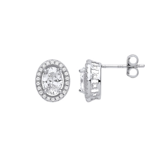 Silver Oval CZ Butterfly Gallery Oval Halo Cluster Stud Earrings - GVE988