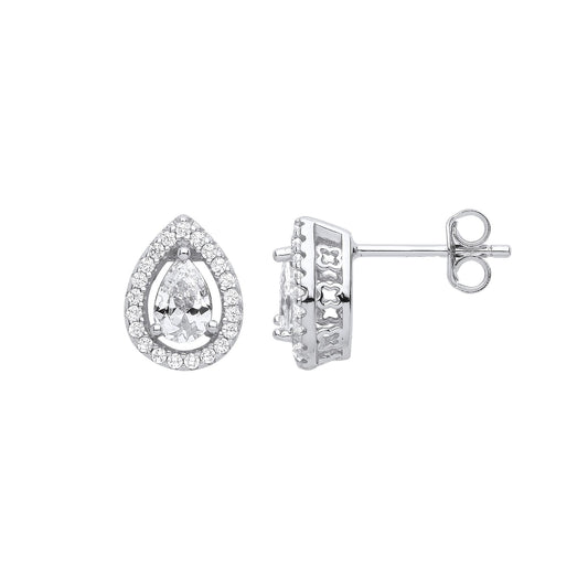 Silver Pear CZ Kisses Gallery Teardrop Halo Stud Earrings - GVE989