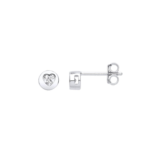 925 Silver Heart CZ Love Heart Bezel Round Disc Stud Earrings - GVE991