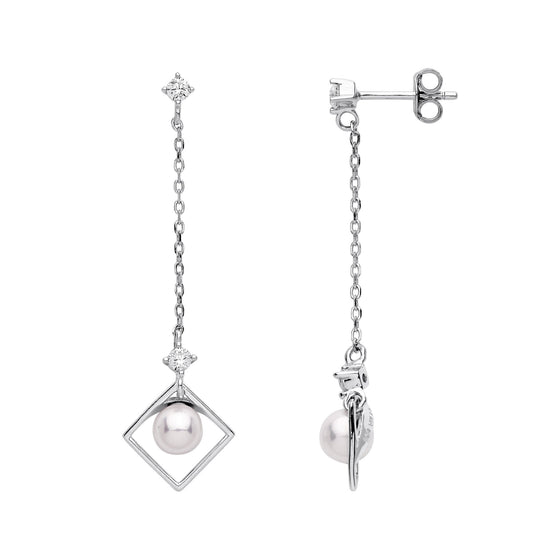 Silver Pearl CZ Square Chain Shoulder Duster Drop Earrings - GVE994