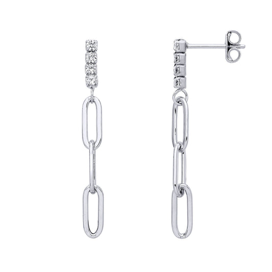925 Silver CZ Quadrilogy Paperclip Shoulder Duster Drop Earrings - GVE997