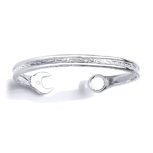 Mens Silver Carved Spanner Bangle Bracelet 6mm - GVG168