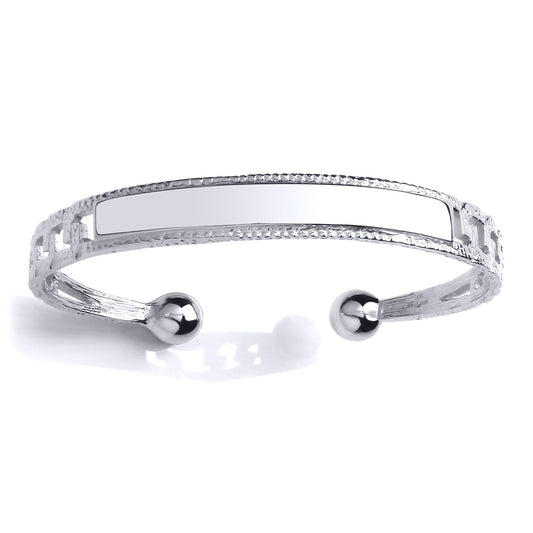 Mens Silver Curb ID Bar Torque Bangle Bracelet 9mm 7mm Balls - GVG169