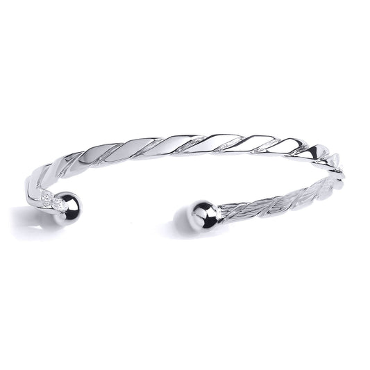 Mens Silver Rope Twist Torque Bangle Bracelet 4mm 8mm Balls - GVG170