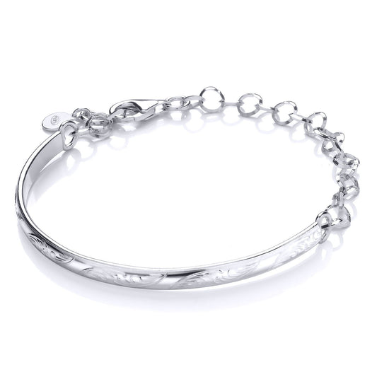 Silver Adjustable Floral Engraved Semi Bangle Bracelet 4mm - GVG181