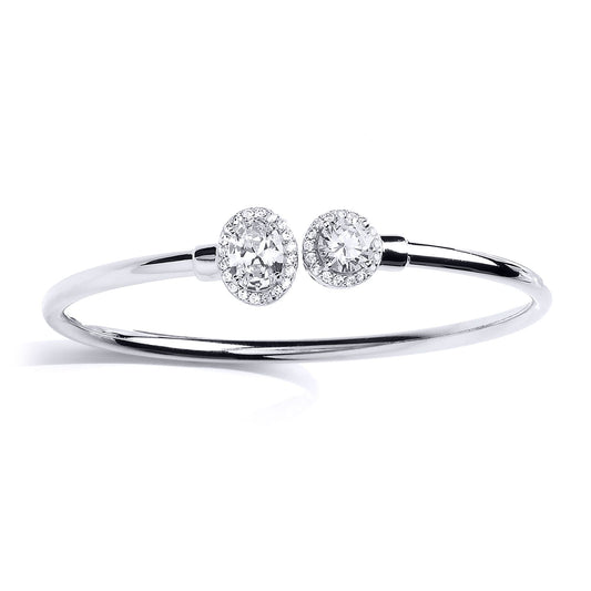 Silver oval CZ Halo Torque Toi et Moi Bangle Bracelet 13mm - GVG194