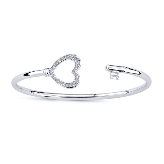 Silver CZ Love Heart Key Torque Bangle Bracelet 17mm - GVG198