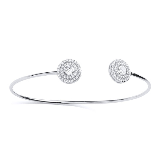 Silver CZ 2 Tier Halo Cluster Torque Bangle Bracelet 11mm - GVG199