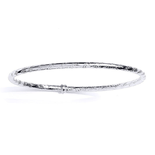 Platinum Plated Silver Floral Tube Slave Bangle Bracelet 3mm - GVG219