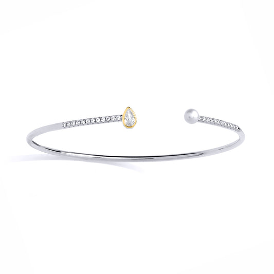 Sterling Silver CZ & Fresh Water Pearl 4-4.5mm Open Bangle - GVG241