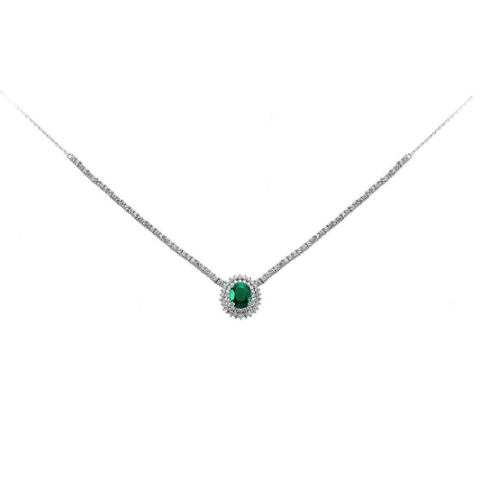 Silver Green Oval CZ Royal Lady Di Cluster Necklace 15 inch - GVK099EM