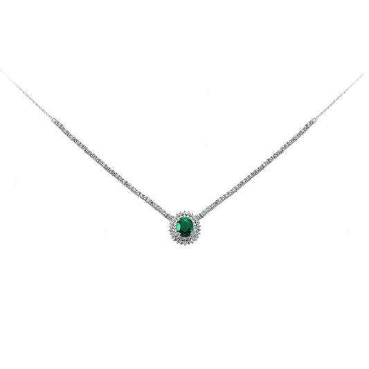 Silver Green Oval CZ Royal Lady Di Cluster Necklace 15 inch - GVK099EM