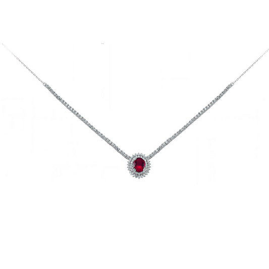 Silver Red Oval CZ Royal Lady Di Cluster Necklace 15 inch - GVK099RUB
