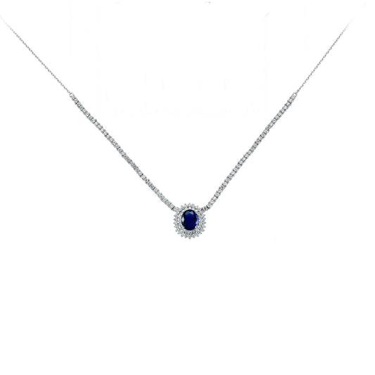 Silver Blue Oval CZ Royal Lady Di Cluster Pendant Necklace 15inch - GVK099SAP