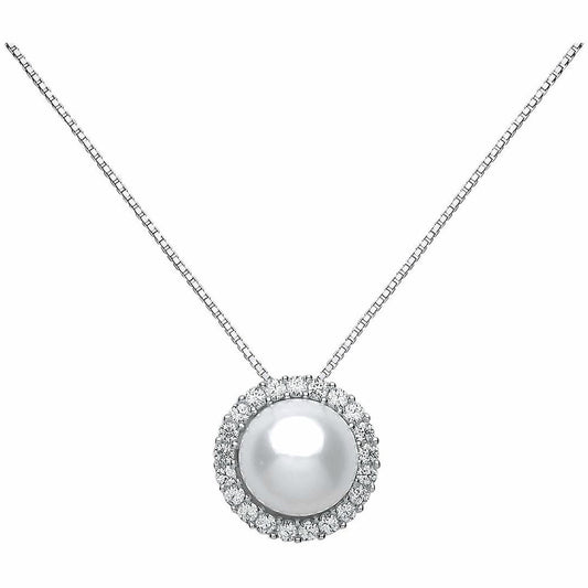 Silver CZ Pearl Halo Pendant Necklace 10mm 16 inch - GVK123
