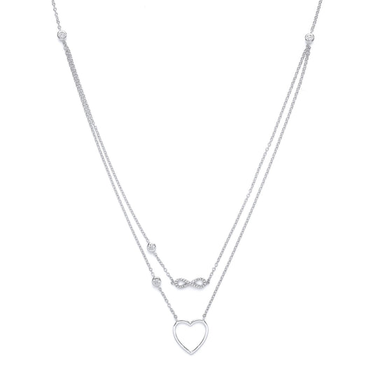 Silver CZ Infinity Love Heart Double Drop Necklace 16 + 2 inch - GVK139