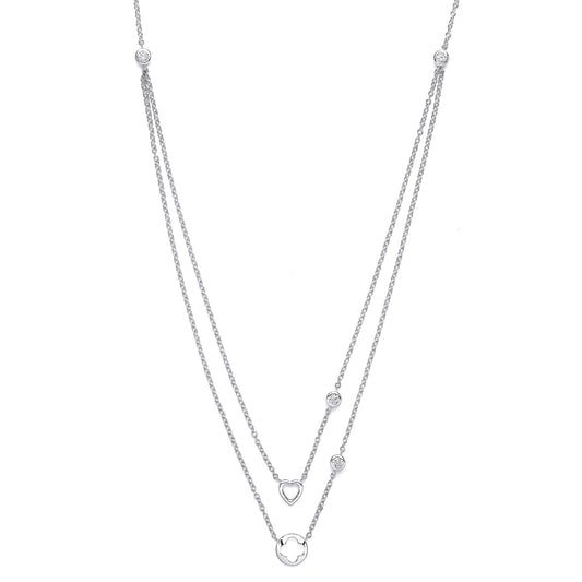 Silver CZ Lucky Love Heart Double Drop Necklace 17 inch - GVK141