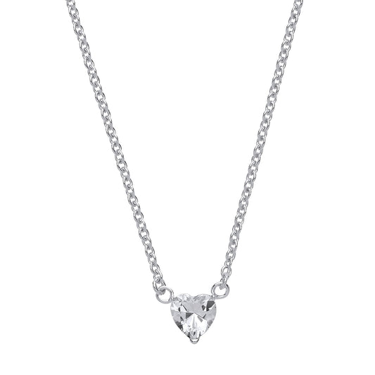 Silver Love Heart CZ Love Heart Solitaire Charm Pendant 16 + 2" - GVK155
