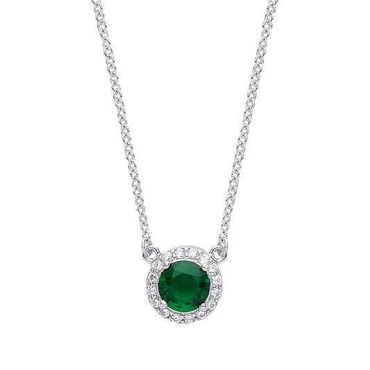 Silver Green CZ Solitaire Halo Charm Necklace 15 + 2 inch - GVK158EM
