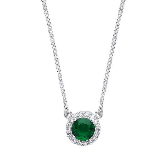 Silver Green CZ Solitaire Halo Charm Necklace 15 + 2 inch - GVK158EM