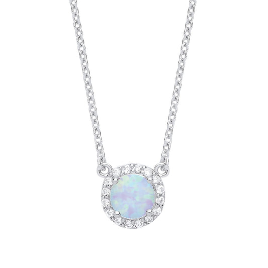 Silver Opal CZ Solitaire Halo Charm Necklace - GVK158OP