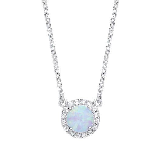Silver Opal CZ Solitaire Halo Charm Necklace - GVK158OP