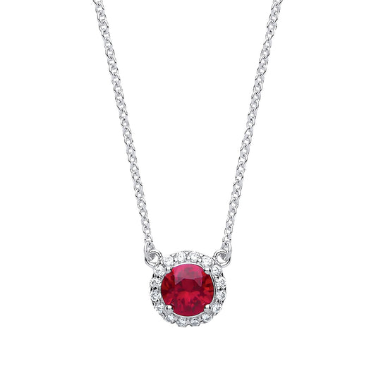 Silver Rose red CZ Solitaire Halo Charm Necklace 15 + 2 inch - GVK158RUBY