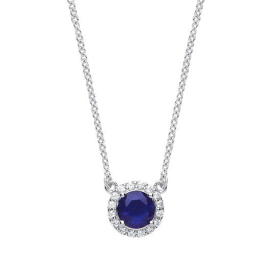 Silver Blue CZ Solitaire Halo Charm Necklace 15 + 2 inch - GVK158SAP