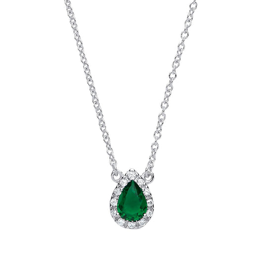 Silver Green pear CZ Teardrop Halo Charm Necklace 16 + 2 inch - GVK159EM