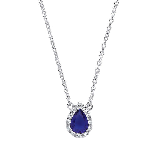 Silver Blue pear CZ Teardrop Halo Charm Necklace 16 + 2 inch - GVK159SAP