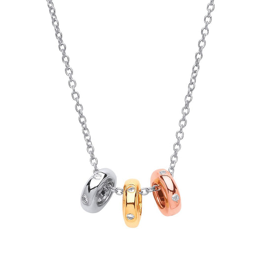 3-Colour Silver CZ Trilogy Halo Rings Charm Necklace 15 + 2 inch - GVK167