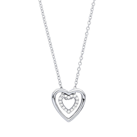 Silver CZ Double Love Heart Halo Charm Necklace 17 + 2 inch - GVK218