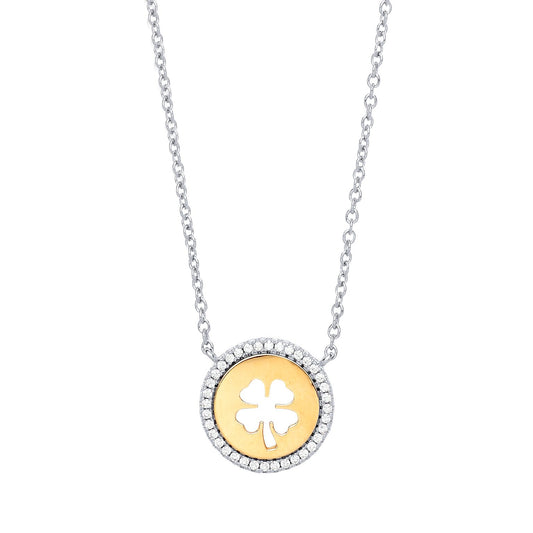 Gilded Silver CZ Lucky Clover Halo Medallion Necklace 17 + 2" - GVK219