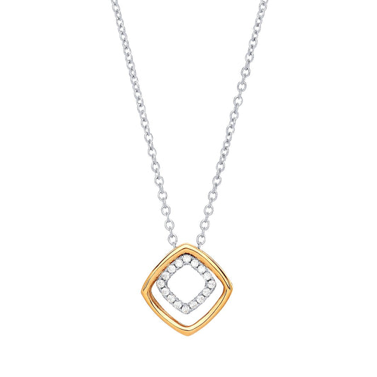 Gilded Silver CZ Square Halo Pave Charm Necklace 17 + 2 inch - GVK220