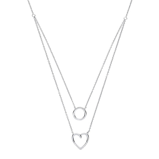 Silver CZ Love Heart Halo Charm Double Drop Necklace 16 inch - GVK231