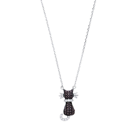 Silver Black CZ Kitty Cat Charm Necklace 16 inch - GVK234