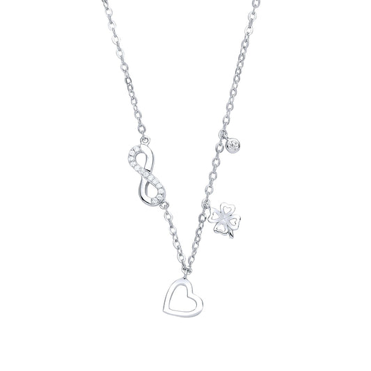 Silver CZ Infinity Lucky Love Heart Charm Necklace 15 + 2 inch - GVK237