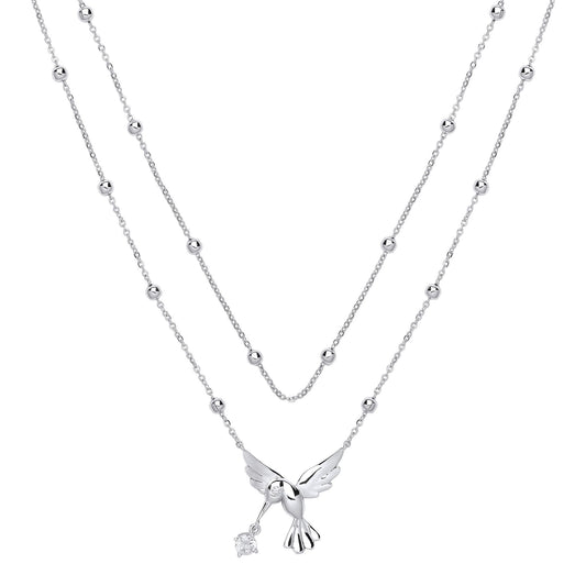 Silver CZ Hummingbird Solitaire Bead Necklace 17 inch - GVK258