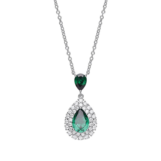 Silver Green Pear CZ Tears of Joy Halo Pendant Necklace 18inch - GVK261