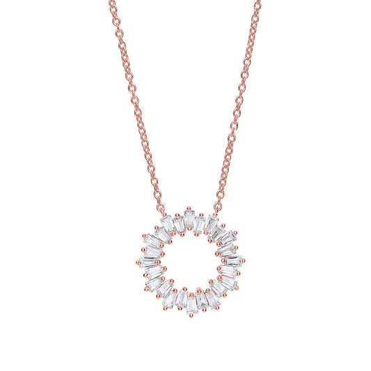 Rose Silver Baguette CZ Star Burst Eternity Hoop Necklace 18" - GVK265