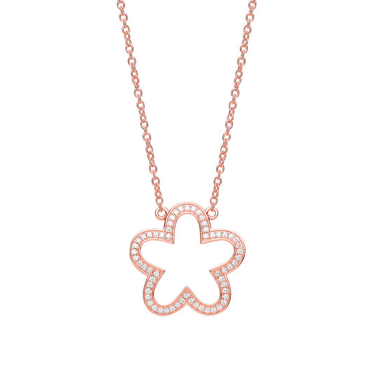 Rose Silver CZ Daisy Flower Outline Charm Necklace 17 inch - GVK267
