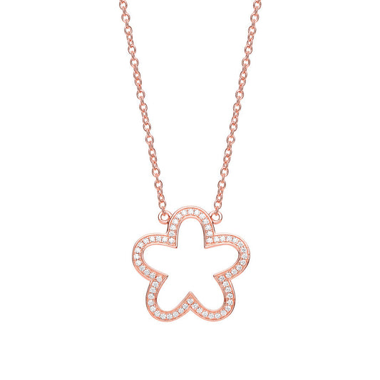 Rose Silver CZ Daisy Flower Outline Charm Necklace 17 inch - GVK267