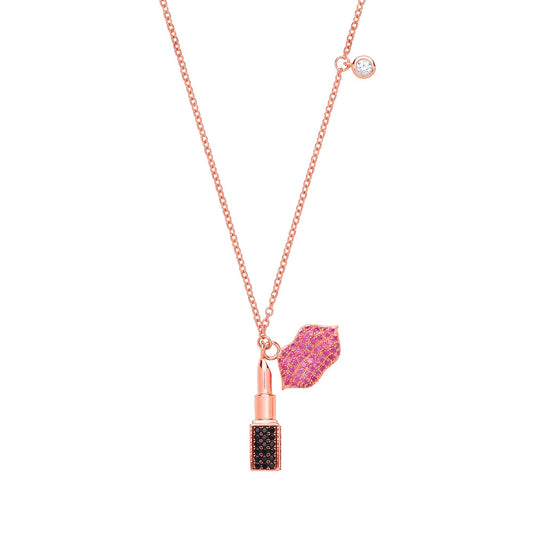 Rose Silver Pink Black CZ Lipstick Lips Kiss Charm Necklace 18" - GVK268